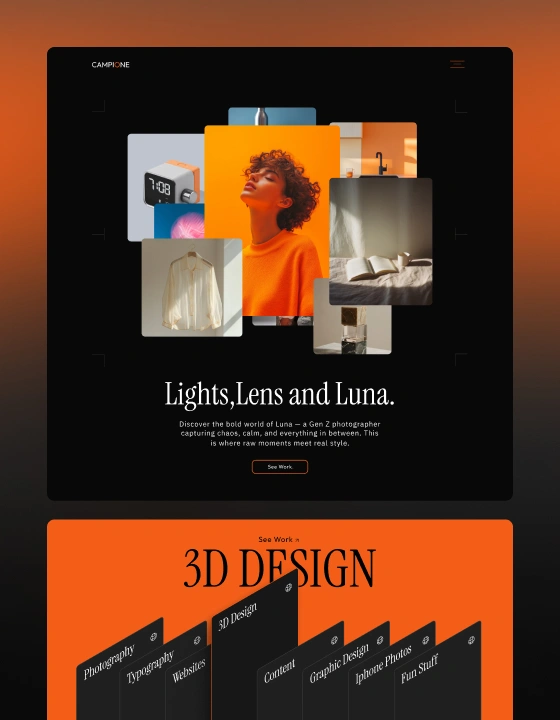 Campione portfolio template: dark photography portfolio with layered images and orange accents