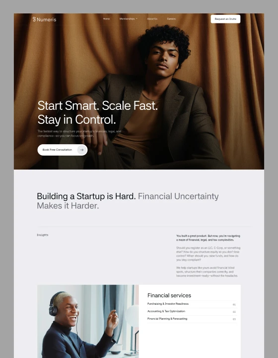 Numeris template: finance consulting homepage with a bold hero and services list